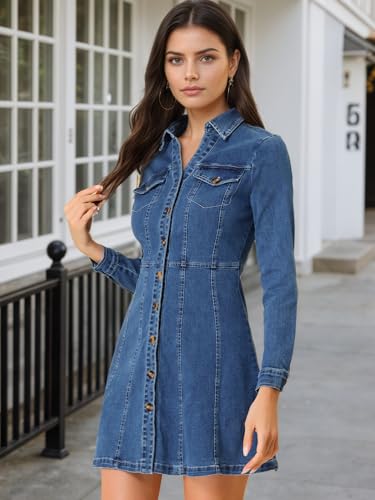 Allegra K Women's Denim Dress Button Down Collar V Neck Long Sleeve A-line Cotton Jean Dress2