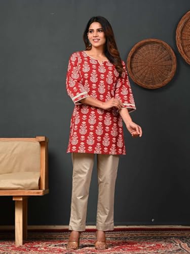 Image of Rimeline Women's Floral Printed Cotton Kurti Top | Round Notch Neck 3 /4 Sleeve Straight Fit Casual Tunic