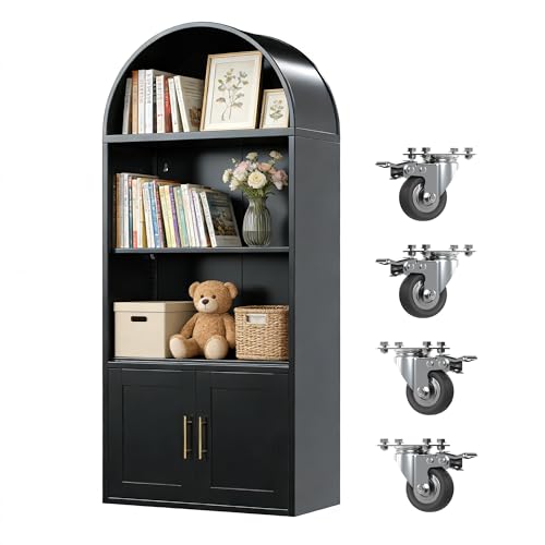 Image of 72.3 inch Black Metal Arched Bookcase with Lockable Wheels, 2 Adjustable Shelves, Tall Rolling Storage Cabinet for Living Room, Home Office, School, Assembly Required
