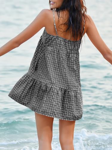 Image of Womens Summer Plaid A-line Sleeveless Casual Flowy Mini Sundress | Spaghetti Strap,Gingham Y2K,Maternity,Vacation,Country Concert,Short Dresses,with Pockets