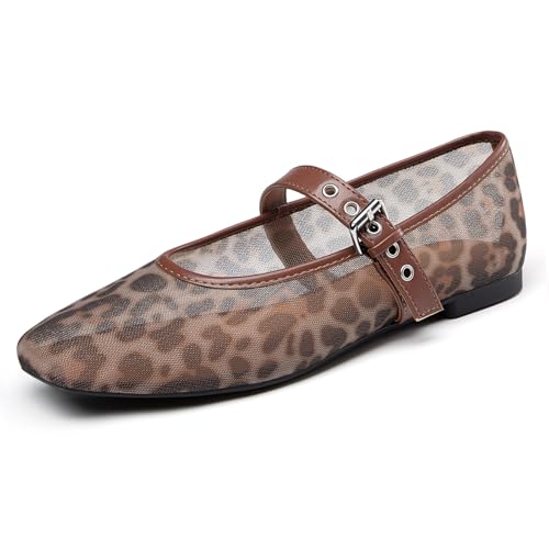 Image of Rihero Mesh Ballet Flats for Women Square Toe Mary Jane Flats Comfortable Casual Ballerina Shoes