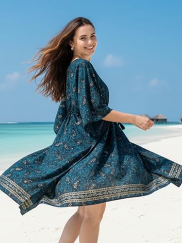 Image of KE KANHA EXPORTS Kaftan Dress|kafthan|kaftan kurti for women|beach wear dress for women|Boho Beach|Border Print Drawstring Tassel|Printed|Easily fits M TO XXL|Bust32-42in Length36in