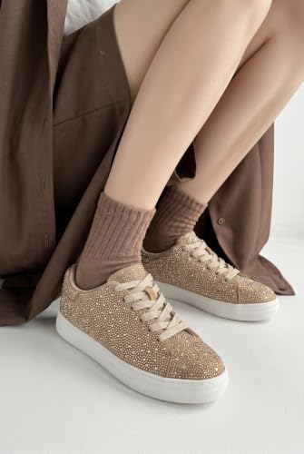 Image of PARTY Women's Rhinestone Platform Lace Up Low Top Glitter Sneakers | Sparkle Casual Shoes for Wedding, Bridal, Party and Special Occasions