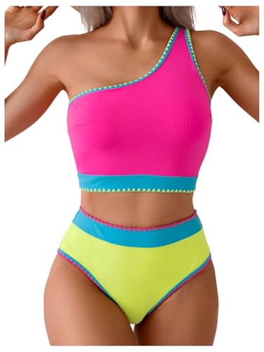 SOLY HUX Tankini Swimsuits for Women Color Block One Shoulder High Waisted Two Piece Bathing Suit