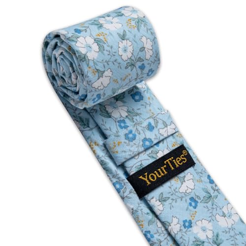 Image of YourTies Cotton Floral Tie for Men 2.5 inch Printed Skinny Necktie Pocket Square Tie Clip Set Flower Wedding Party Groom