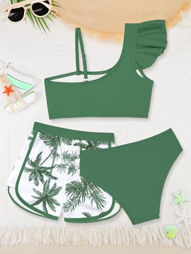 SHEKINI Girls Swimwear Ruffled Bathing Suit for Girls 3 Piece Tropical Print Bikini Set with Shorts Size 7-142