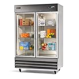 PEAKCOLD Double Glass Door Commercial Refrigerator - 47 Cubic Ft, 54' Wide Stainless Steel Reach-In Commercial Refrigerator with White Internal Lighting - Freestanding Industrial Fridge