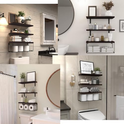 Miniatura 4 de Toalleros para baño montados en la pared, 3 estantes flotantes con cesta de almacenamiento, organizadores de baño, estantes de madera rústica