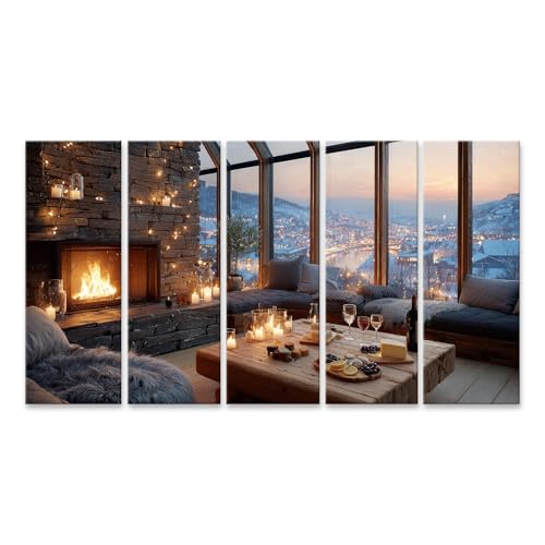 islandburner Cuadro sobre lienzo acogedor salón con chimenea y noche de vino – 5 piezas XXL