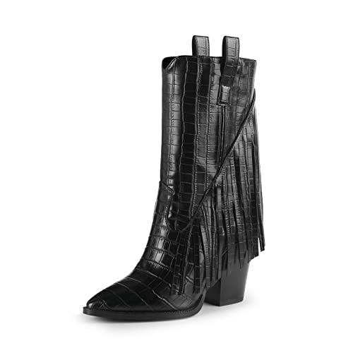ISNOM Black Cowboy Boots for Women Cowgirl Boots Womens Cowboy Boots Black Fringe Cowboy Cowgirl Boots for Women Fringe Boots for Women Western Boots by ISNOM - Used condition - US$22.15