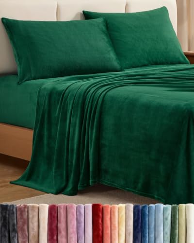 Image of Fleece Sheets Cal King Size Set - 4-Piece Flannel Sheet Set - Forest Green