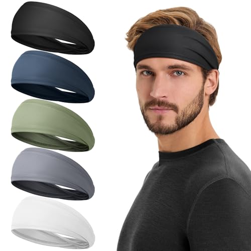 Tumurup Sport Stirnband Herren & Damen [5er Pack] - Schweißband Stirn Sommer Haarband Herren Jungs rutschfest Haarreifen Männer Elastisch Headband für Radsport, Fitness, Tennis, Laufen, Yoga