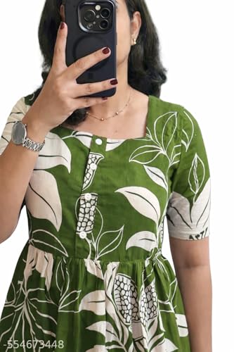 Image of Women's Rayon A-Line Midi Dress, Floral Print, Short Sleeves, Round Neck, Tiered Design