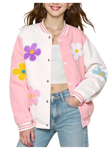 Girl's 3D Floral Bomber Jackets Long Sleeve Button Down Baseball Jacket Coat