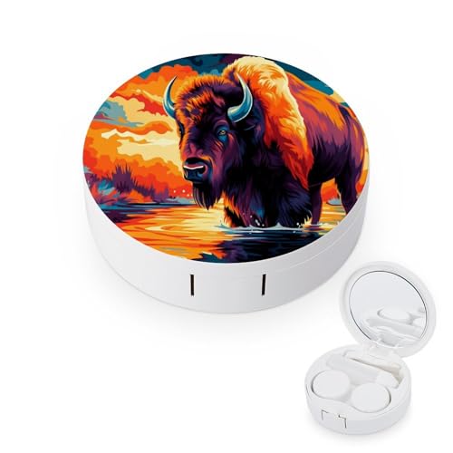 XzekiTkius Vibrant Bison Sunset Watercolor Contact Lens Case,Applicator Removal Tool with Mirror Tweezer Remover Solution Bottle for Daily Use