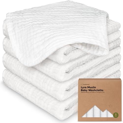 5-Pack Muslin Baby Washcloths for Newborn 12x12 Soft Absorbent Organic Cotton Muslin Wash Cloths for Babies Girl Boy Infant Toddlers Kids Face Towel Bath Essentials Baby Burp Rags (Soft White)