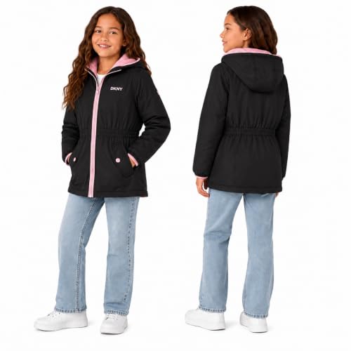 Image of DKNY Girls Midweight Jacket, Anorak Windbreaker, Polar Fleece Lined, Hooded
