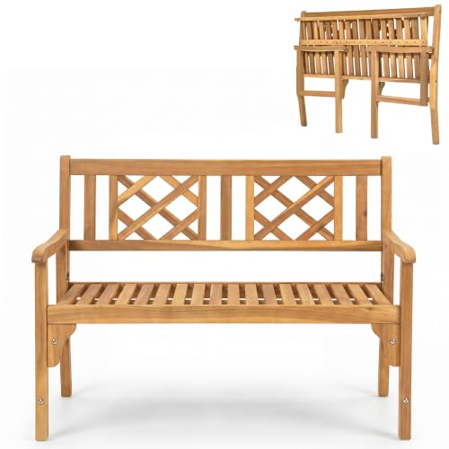 Image of Giantex 4 Ft Foldable Outdoor Bench, Acacia Wood Outside Loveseat with Curved Backrest and Armrest, 705Lbs Weight Capacity, Garden Bench for Patio, Park, Porch, Balcony