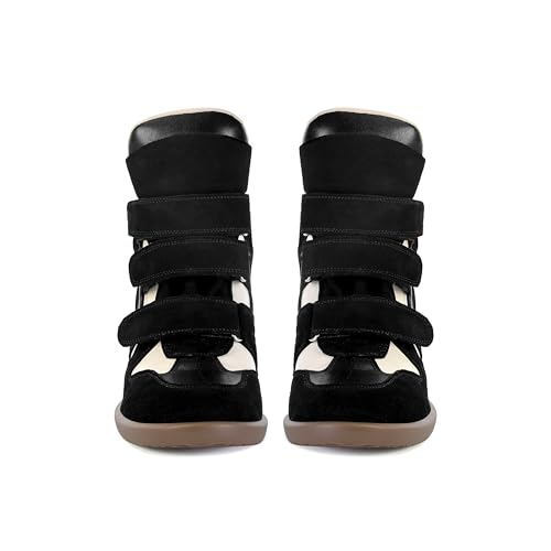 Image of Wedge Sneakers for Women Heels Suede Hook and Loop High Heel Tennis Round Toe Triple Strappy Band Casual Vintage Fashion Dressy Comfy Campus Trendy Retro Sneaker