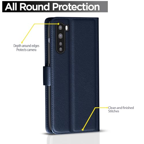 Image of Pikkme Flip Cover Leather Finish | Inside TPU with Card Pockets | Wallet Stand and Shock Proof | Complete Protection Button Flip Case for Oneplus Nord (2020) (Blue)