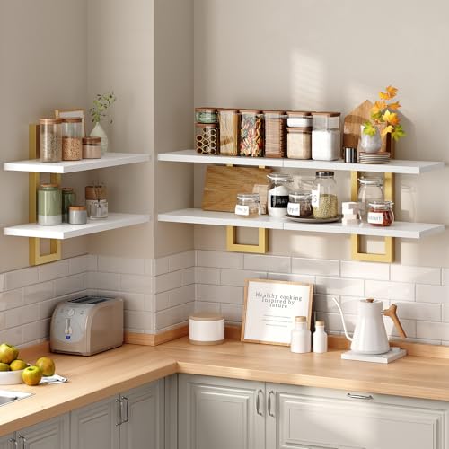 Image of HOOBRO Floating Shelves, 15 Inch Wall Shelf Set of 3, Wall Mounted Storage Shelves 2-Tier, Hanging Bathroom Shelves, for Living Room, Bedroom, Bathroom, Kitchen, White and Gold DW32BJP301