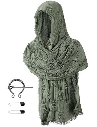 Unisex Medieval Renaissance Hooded Cowl Multifunctional Scarf Shawl Cape Halloween Cosplay Costume Brooch Accessories Set(GN)