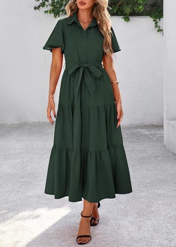 Image of KIRUNDO Summer Button Down Wedding Guest Shirt Dresses for Women Maxi Flutter Short Sleeve Flowy Tiered Beach Sun Dress