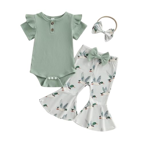 Image of Newborn Baby Girl Summer Outfit Farm Chicken Romper Onesie Flare Pants Infant Clothes