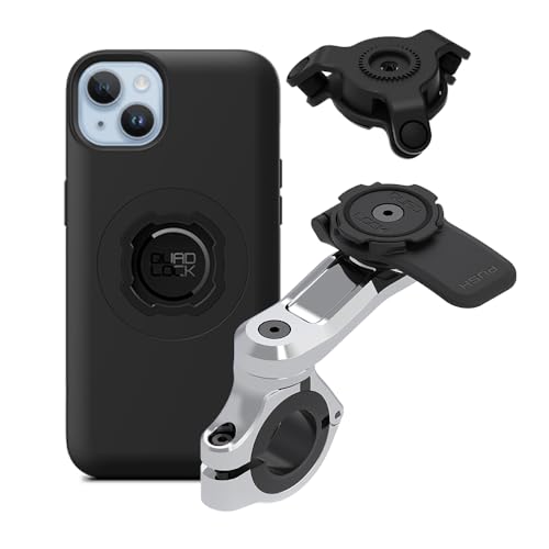 Image of Quad Lock Motorcycle Handlebar Phone Mount PRO Chrome with Vibration Dampener and MAG Phone Case for iPhone 14 Plus