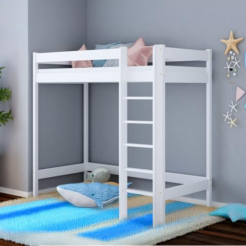 MEBLE WRÓBEL Hochbett 80x180 cm - Kinderbett mit Lattenrost und Rausfallschutz, Holzbett, Etagenbett mit Leiter Bett - Jugendbett Ohne Matratze Weiß - Höhe 160 cm