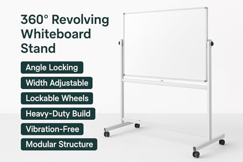 Image of OBASIX Revolving and Width Adjustable Whiteboard Stand Revolves 360| Powder Coated White| With 2inch lockable wheels| Suitable for 4fts to 7fts board