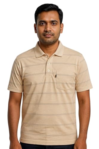 Image of WILD ELEPHANT Men Cotton Striped Polo Neck Half Sleeve T-Shirt with Pocket