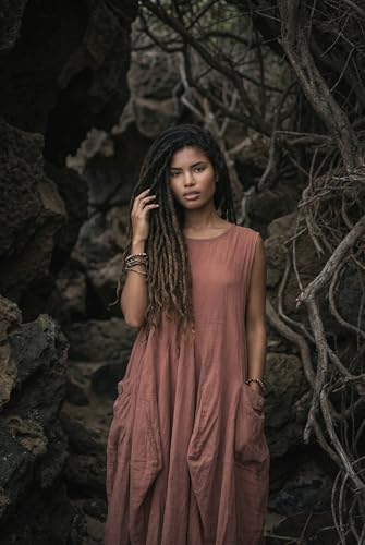 Image of Thaluta Women's Boho Cotton Sleeveless Dress Casual Loose Fit Maxi Dress with Big Pockets Fair Trade Light Summer Sundress