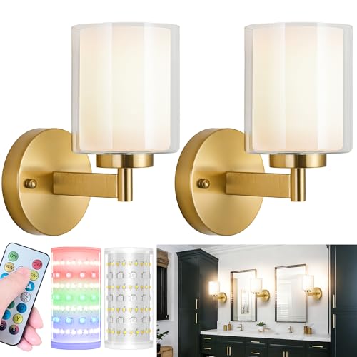 Image of Nekhung Battery Operated Wall Sconce Set of 2, Wireless Wall Sconce with Remote,10000mAh Rechargeable RGB Dimmable Bathroom Light Fixtures with Double Clear Glass Shade NOT Hardwired