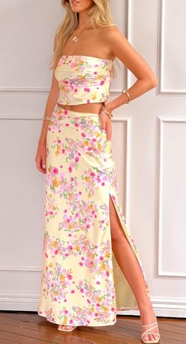 Seyumixi Women Floral Maxi Skirt Set Strapless Backless Tube Top Satin Long Skirt Y2k Two Piece Sets Going Out Outfits2