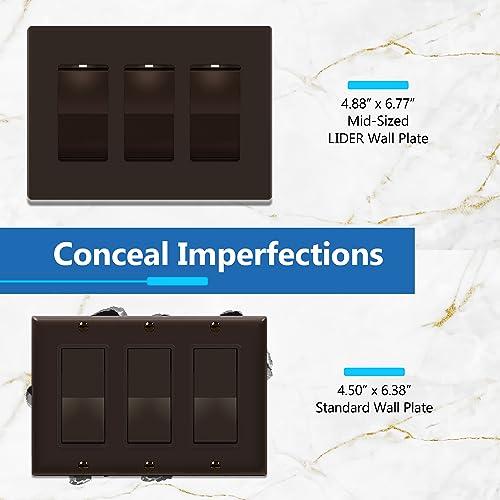 Image of LIDER Decorator Switch Cover, Screwless Wall Plate, Mid-Size 3-Gang 4.88 inch x 6.77 inch, LSWP-33M-BR, UL Listed, Thermoplastic, Matte Brown, 1-Pack