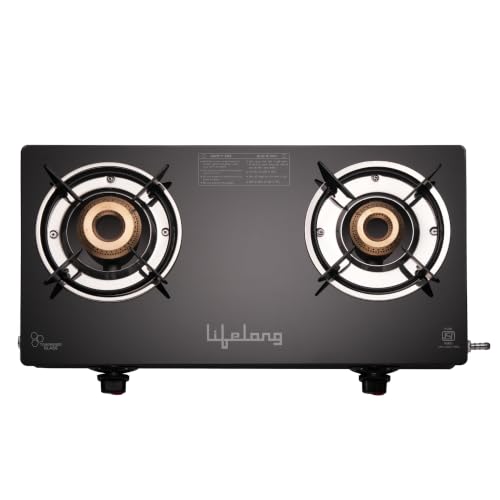 Image of Lifelong 2 Burner Gas Stove Top for Kitchen - Brass Burner Manual Ignition Cooktop Modern Glass Stove for Modular Kitchen, ISI Certified & Compatible with LPG - 1 Year Manufacturer's Warranty(LLGS002)