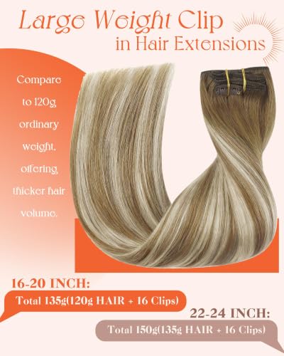 Image of Sunny Hair Clip in Hair Extensions Real Human Hair Light Brown Ombre 150g | 24 Inch Brown Ombre Platinum Blonde Balayage Clip in Remy Hair Extensions Real Human Hair Long Hair,Comfort Wear Travel Hair