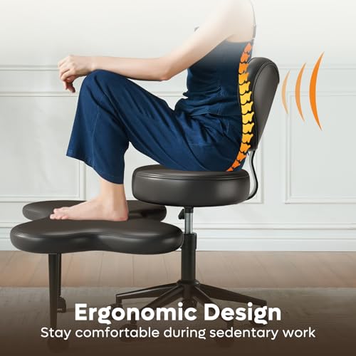 Image of Pinmoco Ergonomic Cross Legged Chair, 360 Swivel Meditation Chair with Wheels, Height Adjustable Seat for ADHD, Strong Lumbar Support, Chic Home Office Furniture, PU Leather, Black
