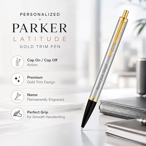 Image of SAVRI Customized Parker roller pen with name - Shiny Chrome with Gold Trim - Personalized Name Engraved Pen - Executive Pen for clients, Management, Graduation, & Corporate Gifting