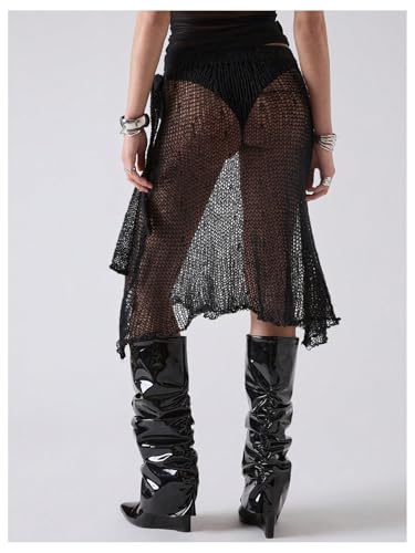 MakeMeChic Women's A Line Midi Skirt Tie Side Mesh Sheer Asymmetrical Skirts Club Wear2