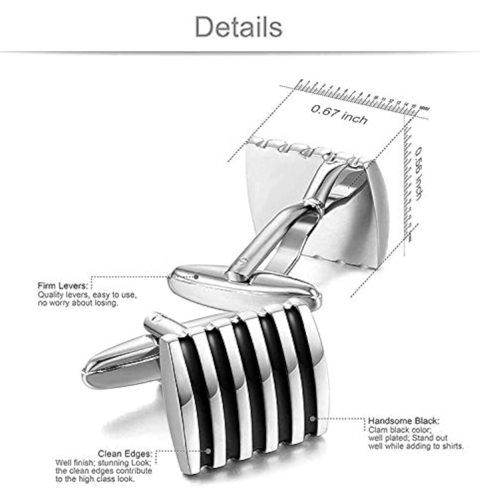 Cufflinks for Men, Black Striped Enamel Finish