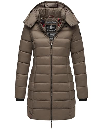 MARIKOO Damen Langer Wintermantel Warmer Steppmantel mit Abnehmbarer Kapuze Abendsternchen Stone Brown Gr. S