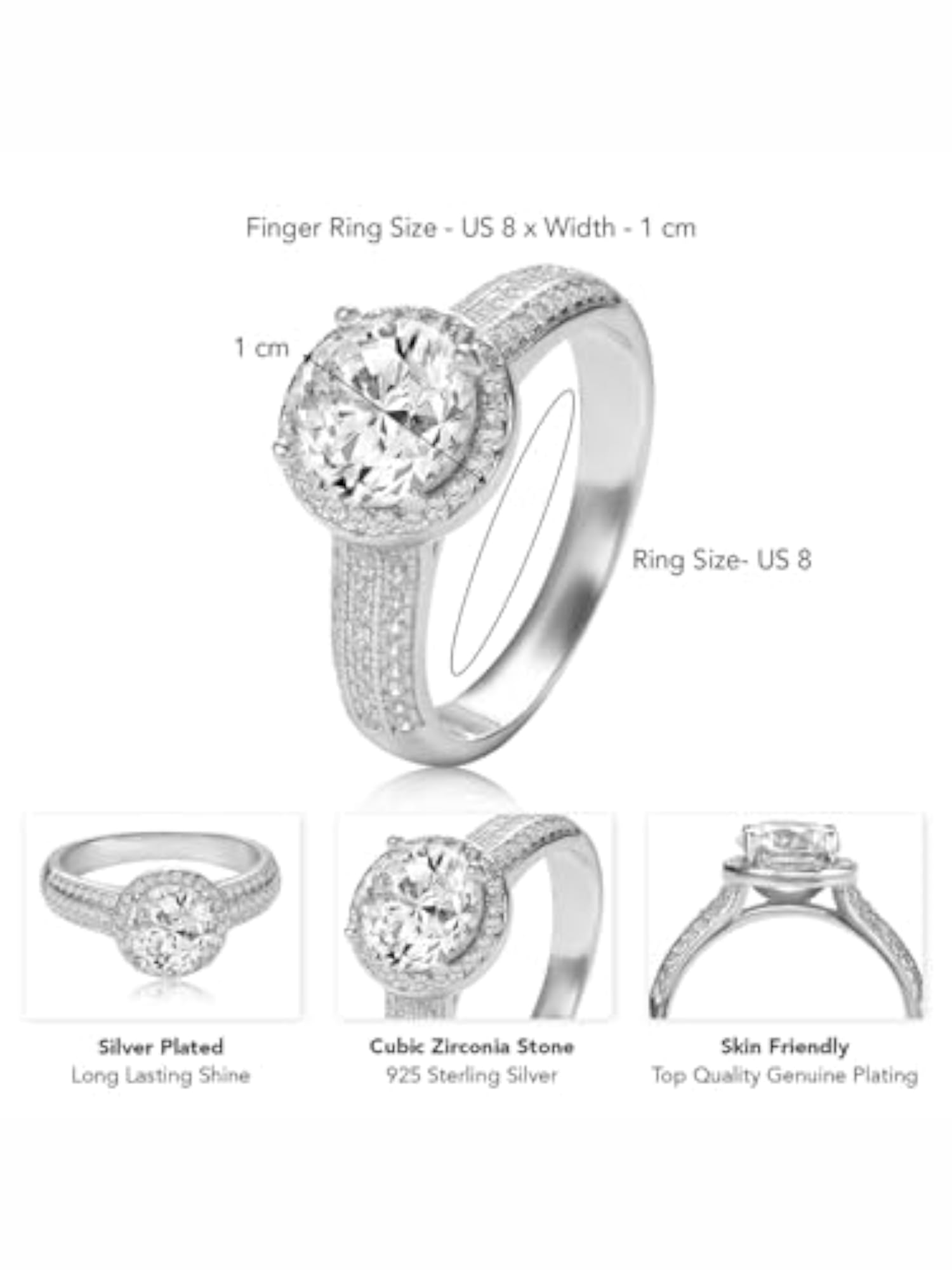 Women's Rhodium Plated 925 Sterling Silver CZ Studded Ring