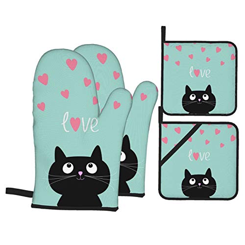 heart oven mitt - MSGUIDE Cute Carton Cat Pink Hearts Oven Mitts and Pot Holders Sets, Heat Resistant 4 Pcs for Safe BBQ Cooking Baking Grilling