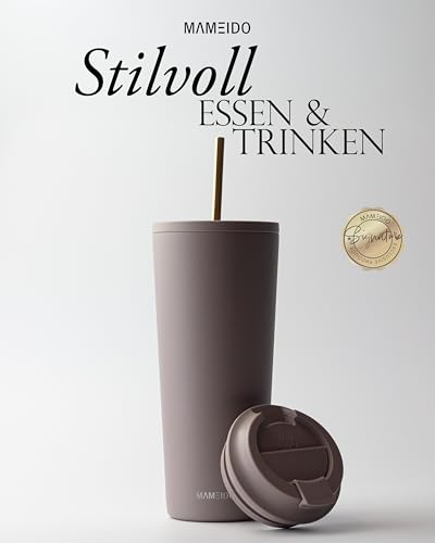 MAMEIDO Thermobecher mit Strohhalm 700 ml, Trinkbecher mit Deckel und Strohhalm aus Edelstahl doppelwandig isoliert, auslaufsicher, Coffee to go Becher (Taupe Grey) 2