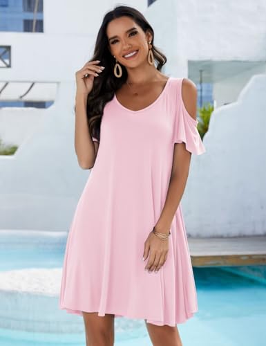 Image of JollieLovin Womens Plus Size Short Sleeve Cold Shoulder V Neck T-Shirt Dress with Pockets