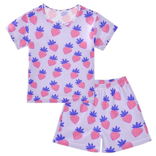 Strawberry Purple Cute Cartoon Pattern Summer Cute Pajama Sets, Short Sets for Daily Wears and Sleep Wears
