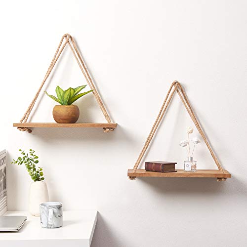 Sand Mine Set Of 3 Wood Wall Hanging Shelf, Wood Floating Shelves, Hanging Swing Rope Shelves, Rustic Rope Hanging Shelves, Rustic Wall Decor Swing Shelf, Wall Display Shelves For Living Room Bedroom #TOP4