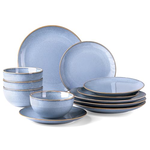 Image of GBHOME Ceramic Dinnerware Sets for 4, 12 Pieces Stoneware Plates and Bowls Sets, Reactive Glaze Dishes -Scratch Resistant, Dishwasher&Microwave Safe- Brunnera Blue